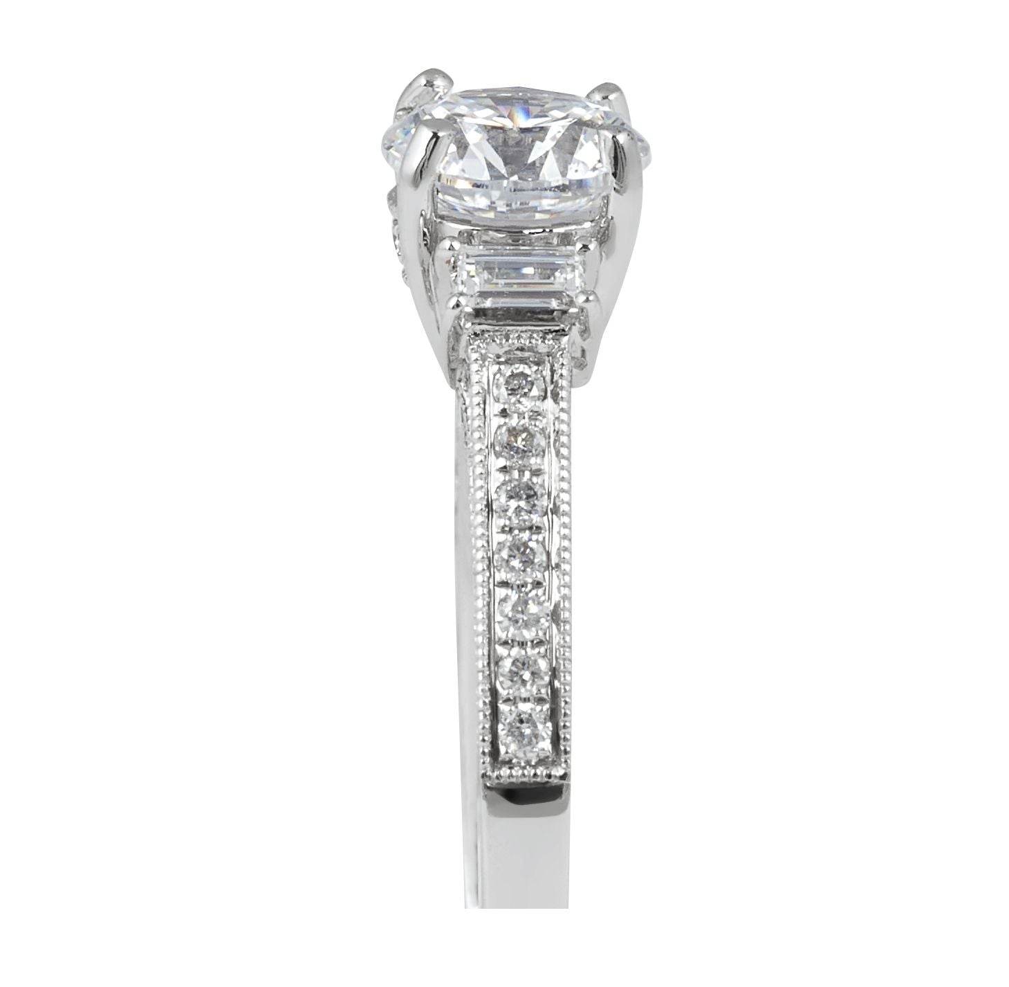 Vintage Style Round Cut Trilogy Diamond Engagement Ring Baguette Setting Side Stones In 18K White Gold... - DG & Co. Jewellery