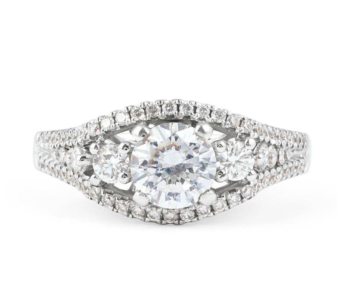 Trilogy Halo Brilliant Cut Claw Set Diamond Engagement Ring with Pave Set Side Stone In 18K White Gold - DG & Co. Jewellery