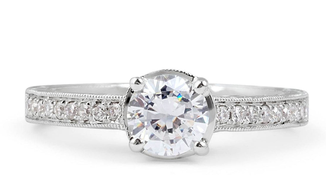 Vintage Style Hand Engraved Diamond Engagement Ring Six Claw Setting In 18k White Gold - DG & Co. Jewellery