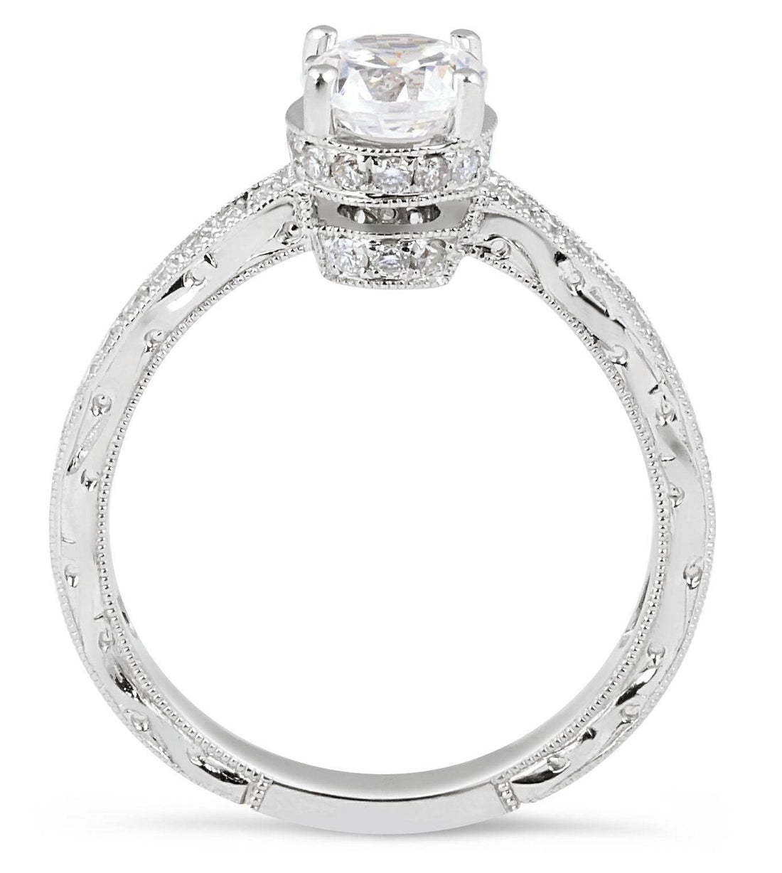 Vintage Style Hand Engraved Diamond Engagement Ring Six Claw Setting In 18k White Gold - DG & Co. Jewellery