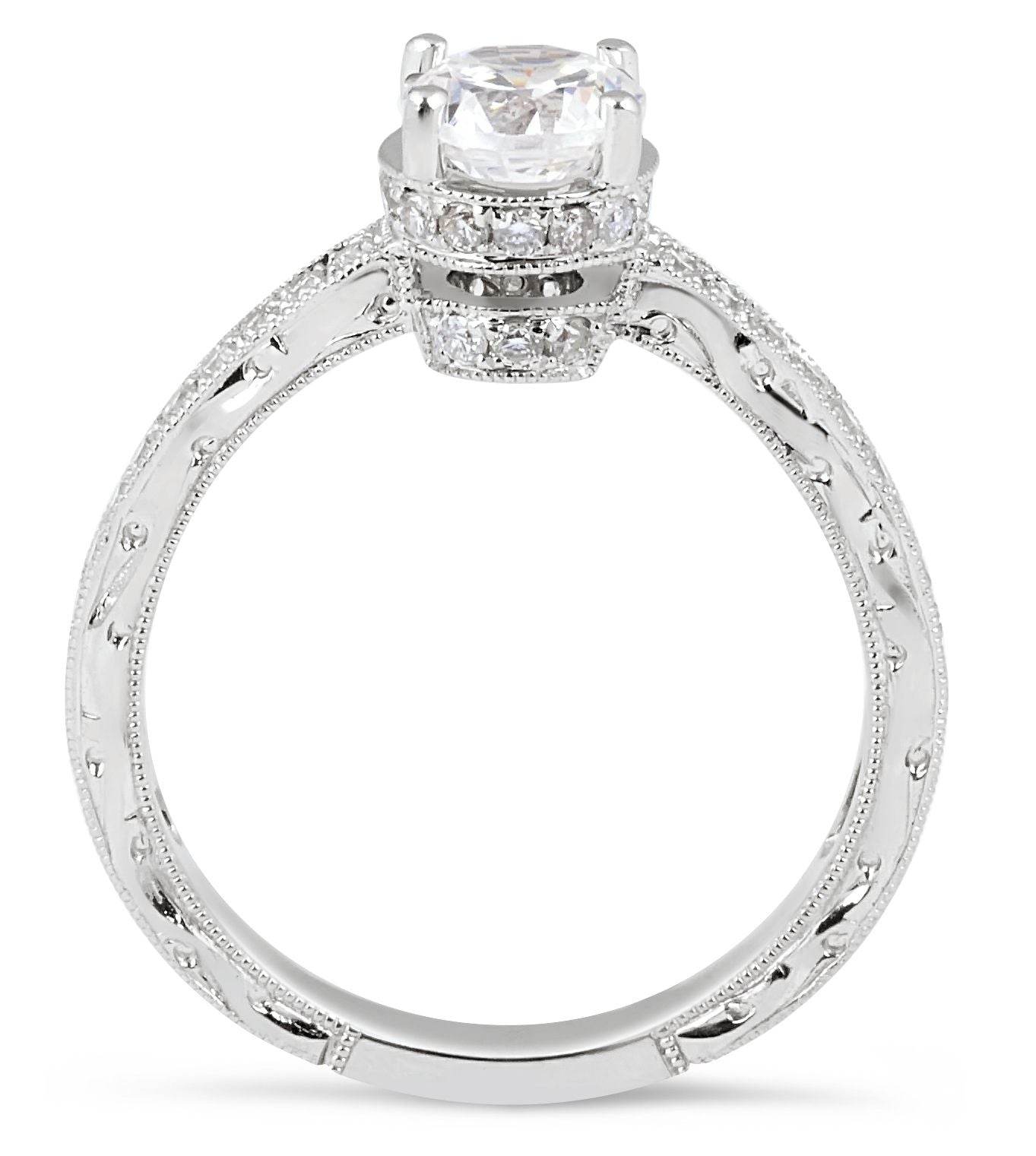 Vintage Style Hand Engraved Diamond Engagement Ring Six Claw Setting In 18k White Gold - DG & Co. Jewellery