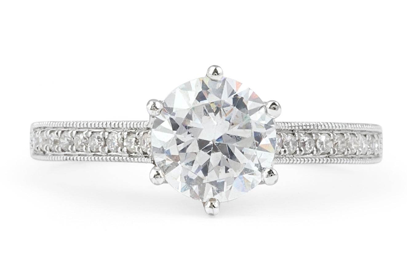 Vintage Style Six Claw Diamond Engagement Ring with Milgrain Setting Side Stones In 18K White gold - DG & Co. Jewellery