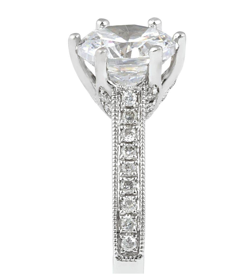 Vintage Style Six Claw Diamond Engagement Ring with Milgrain Setting Side Stones In 18K White gold - DG & Co. Jewellery