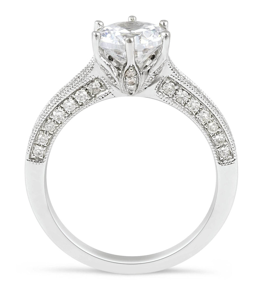 Vintage Style Six Claw Diamond Engagement Ring with Milgrain Setting Side Stones In 18K White gold - DG & Co. Jewellery