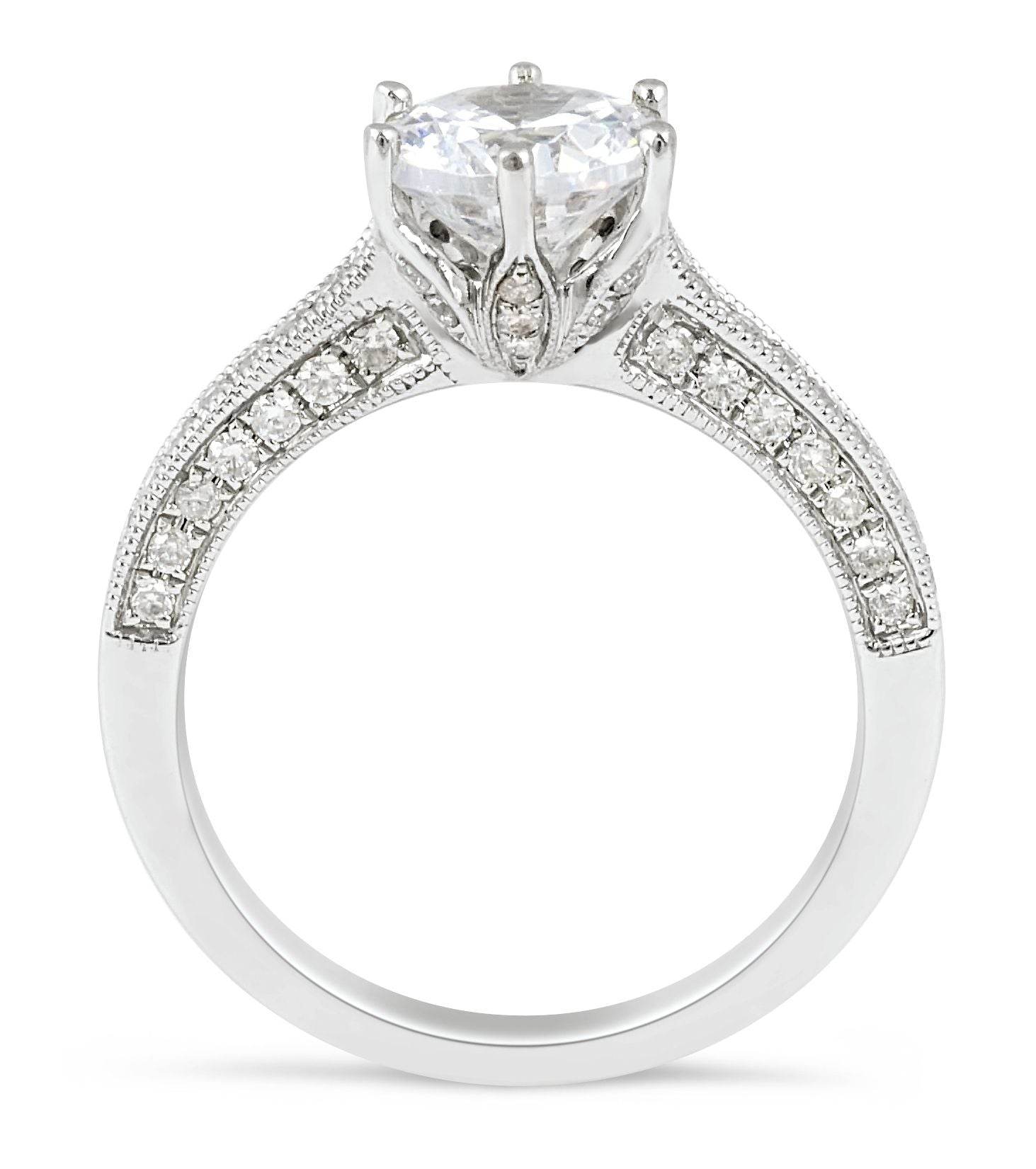 Vintage Style Six Claw Diamond Engagement Ring with Milgrain Setting Side Stones In 18K White gold - DG & Co. Jewellery