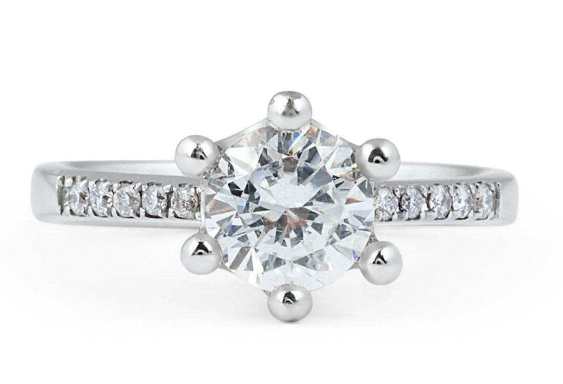 Crown Setting 6 Claw Diamond Engagement Ring Pave Setting Side Stones In 18K White gold - DG & Co. Jewellery