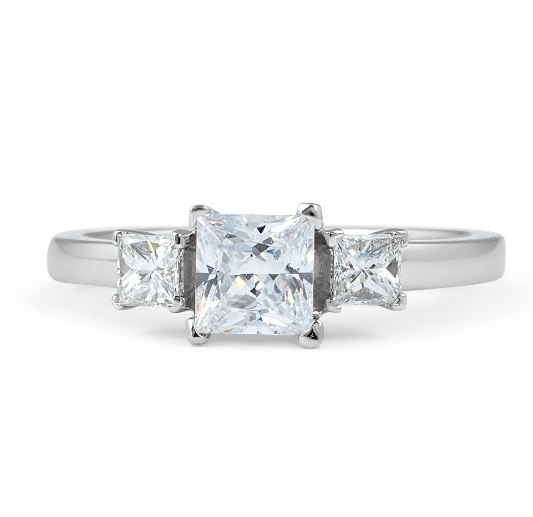Three-Stone Princess Cut 4 Claw Setting Diamond Engagement Ring In 18K White Gold - DG & Co. Jewellery