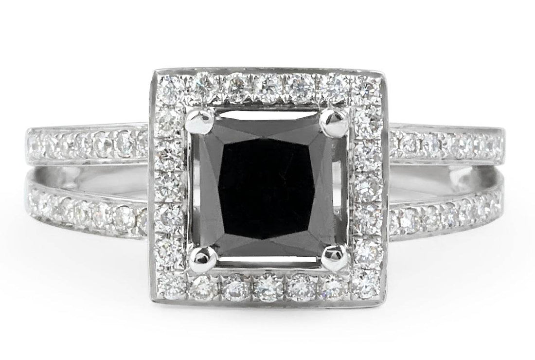 Split Band Halo Black Diamond Engagement Ring Princess Cut in 18K White Gold - DG & Co. Jewellery