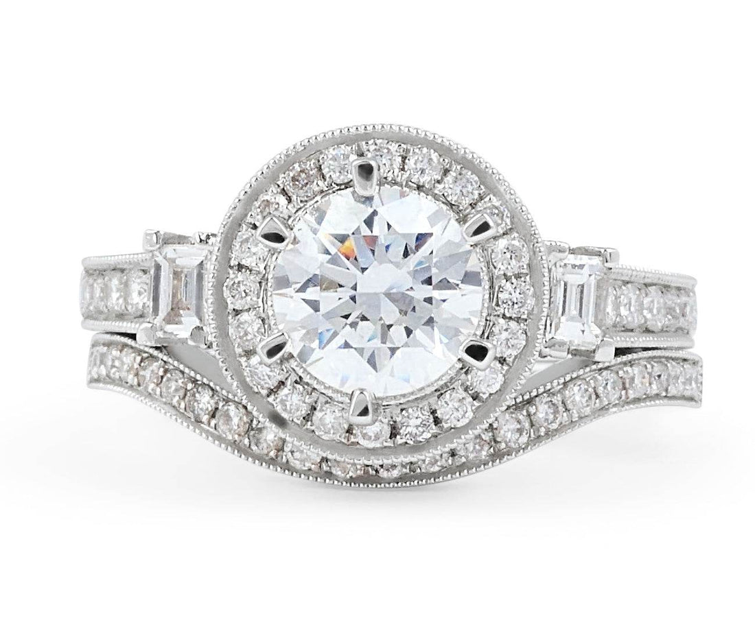 Vintage Style Wedding Set Rings 3 Stone Diamond Engagement Milgrain Setting Side Stones In 18K White gold - DG & Co. Jewellery