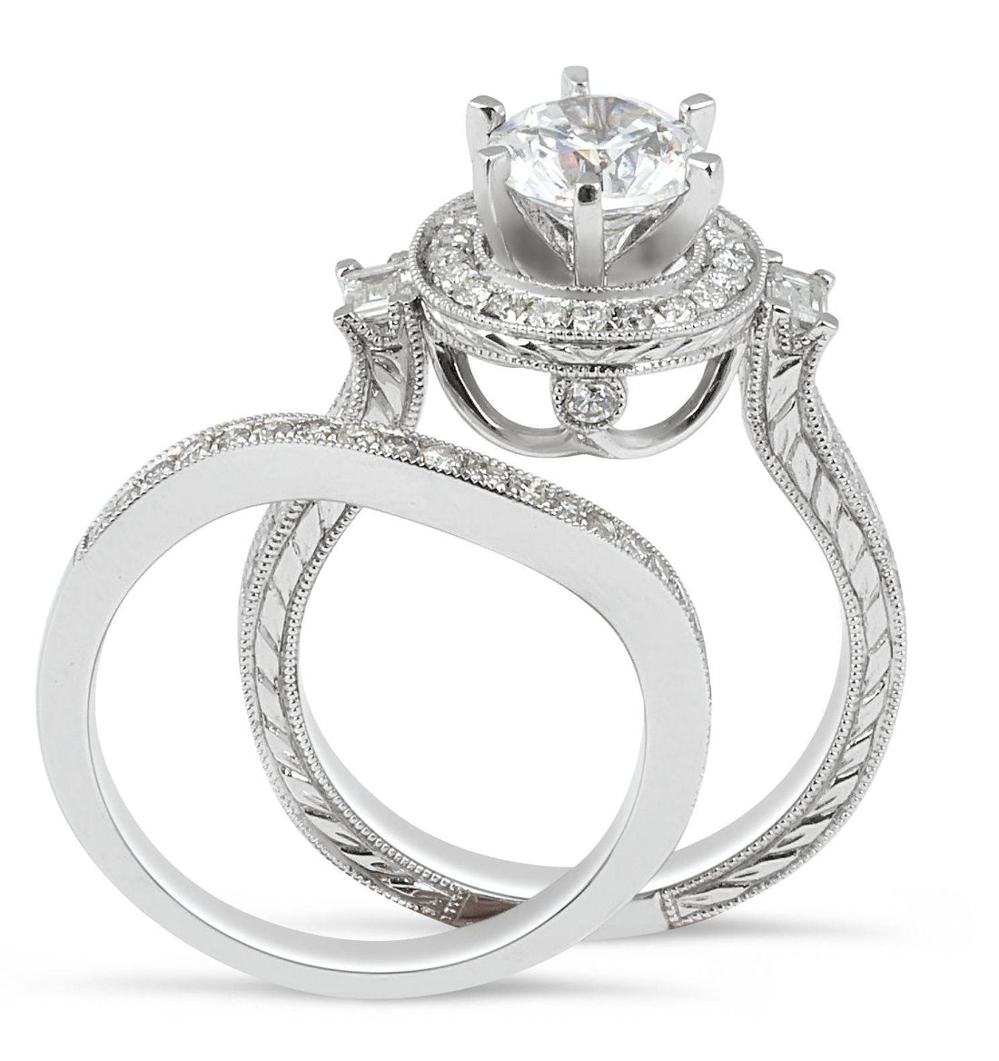 Vintage Style Wedding Set Rings 3 Stone Diamond Engagement Milgrain Setting Side Stones In 18K White gold - DG & Co. Jewellery