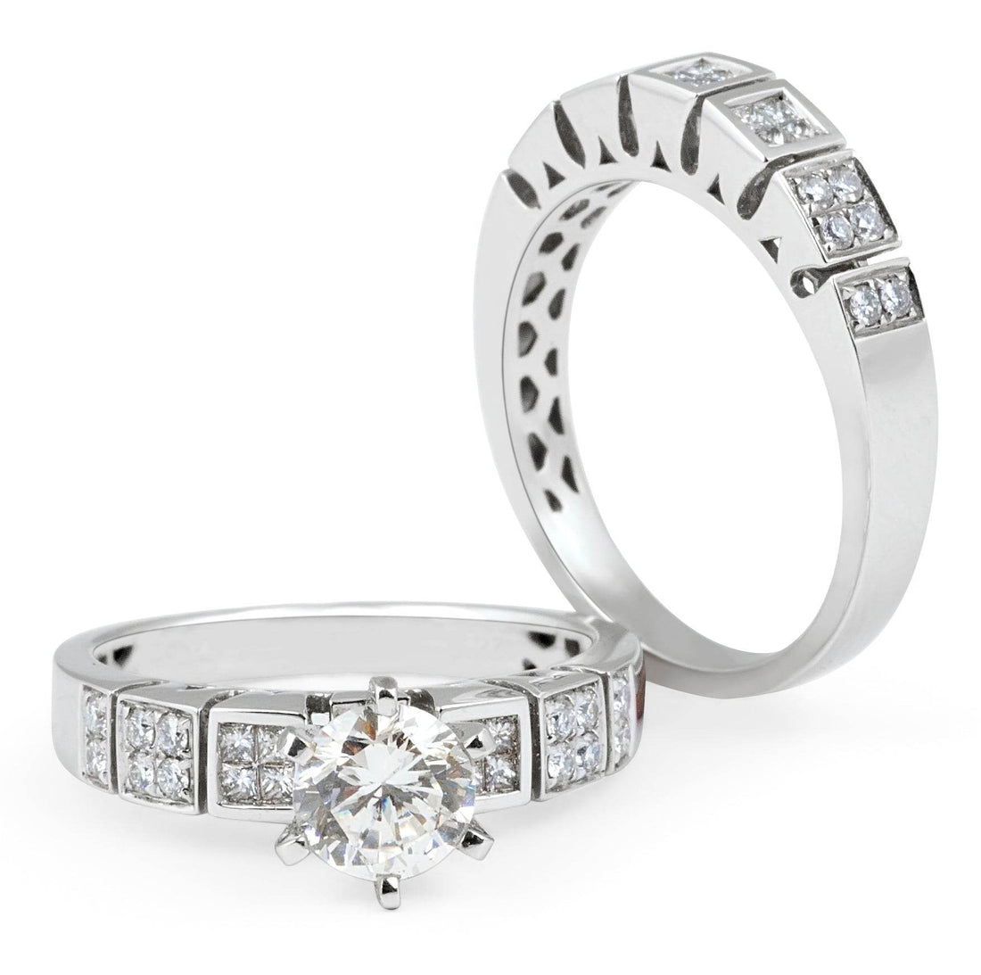 Wedding Set 6 Claw Diamond Engagement Rings Grain and Invisible Setting Side Stones In 18K White gold - DG & Co. Jewellery