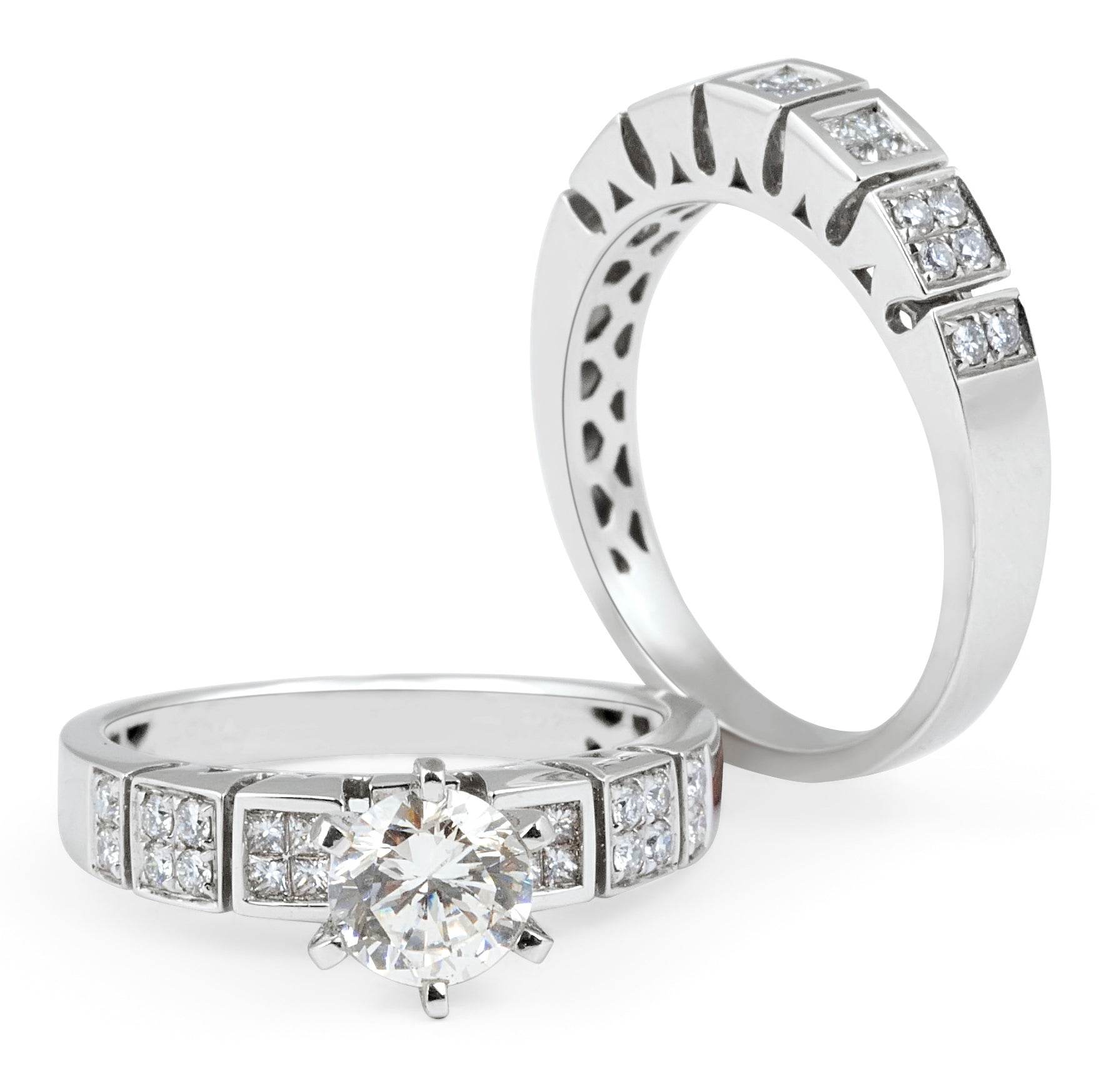 Wedding Set 6 Claw Diamond Engagement Rings Grain and Invisible Setting Side Stones In 18K White gold - DG & Co. Jewellery