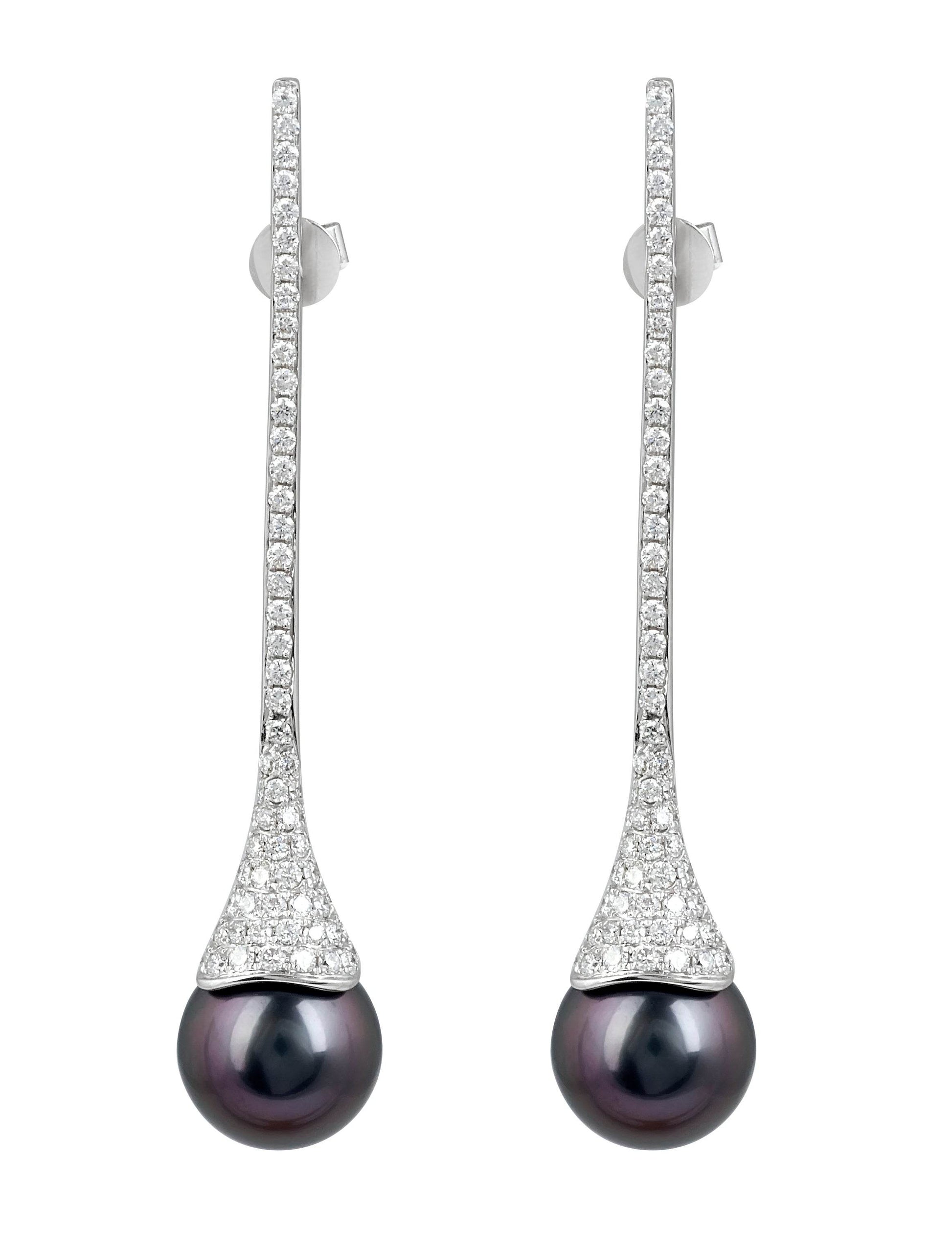 Tahitian Cultured Black Pearl and Diamond Long Drop Earrings In 18K White Gold - DG & Co. Jewellery