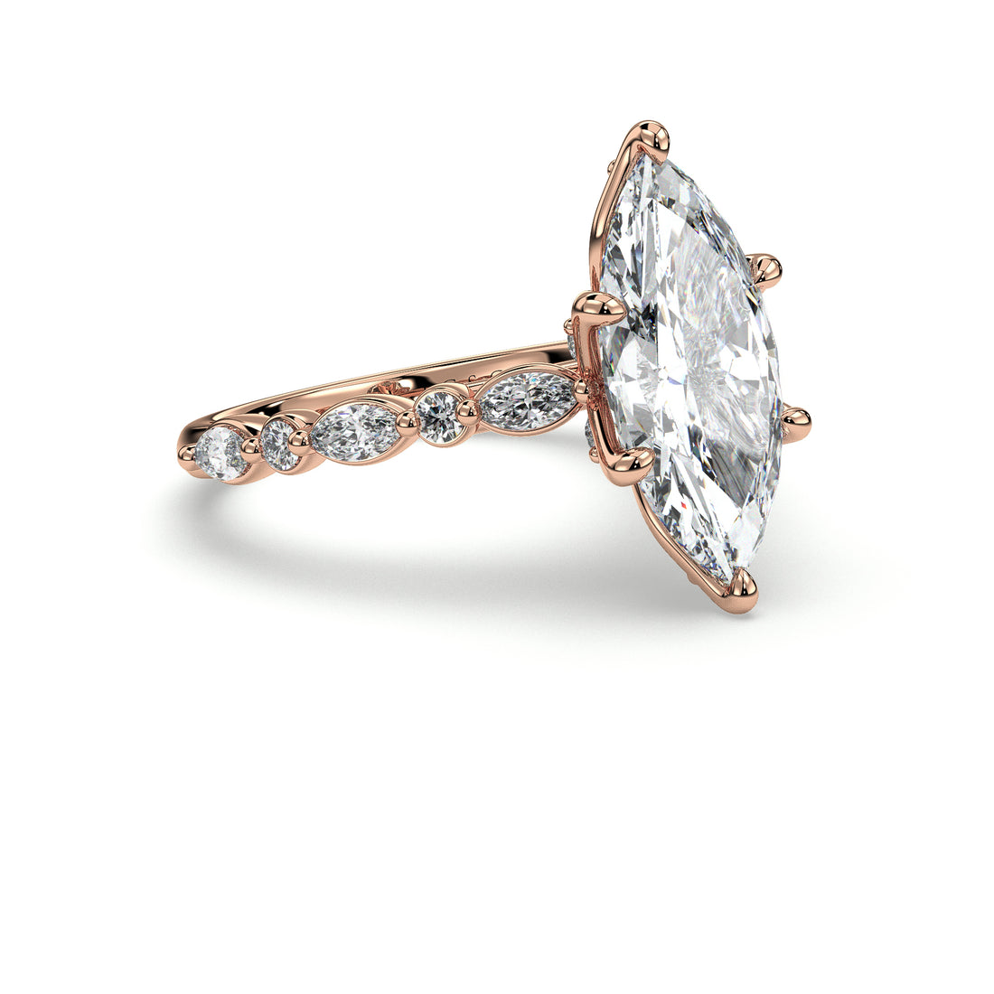 Helena Cathedral Marquise Cut with Six Claw diamond Tulip Setting and Marquise Round Share Prong Side stone Engagement Ring - 18K Rose