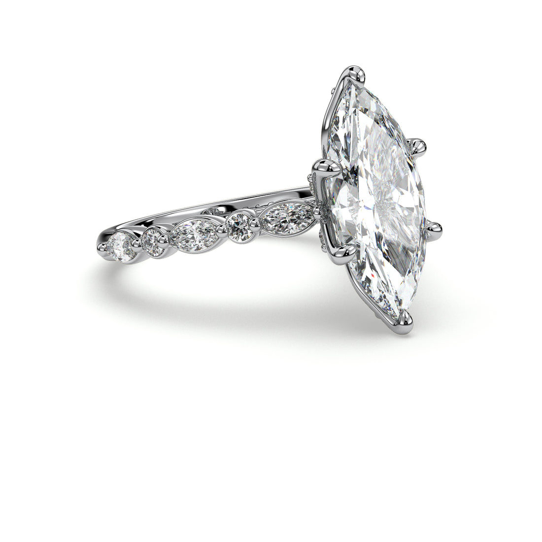 Helena Cathedral Marquise Cut with Six Claw diamond Tulip Setting and Marquise Round Share Prong Side stone Engagement Ring - 18K White