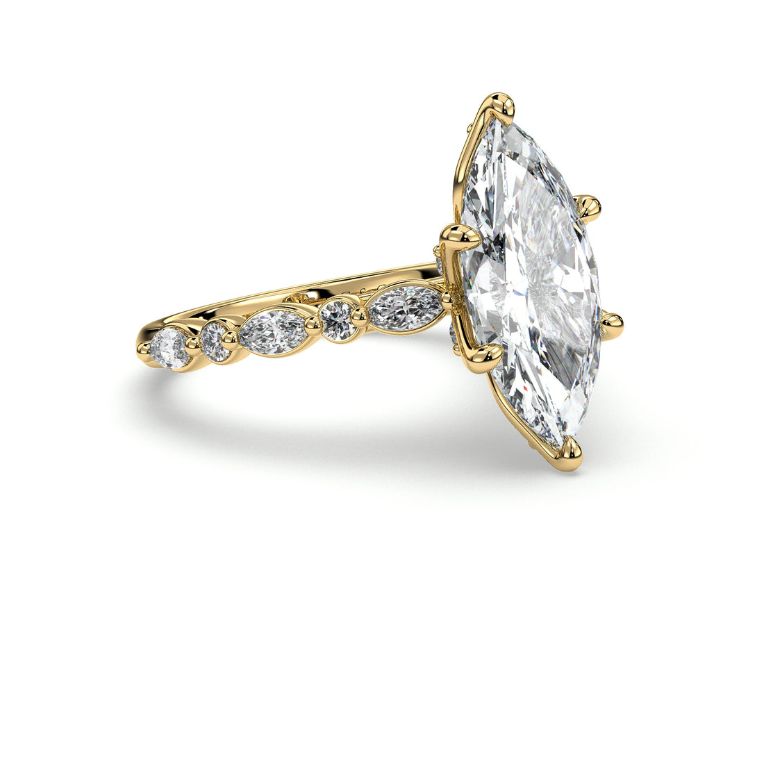 Helena Cathedral Marquise Cut with Six Claw diamond Tulip Setting and Marquise Round Share Prong Side stone Engagement Ring - 18K Yellow