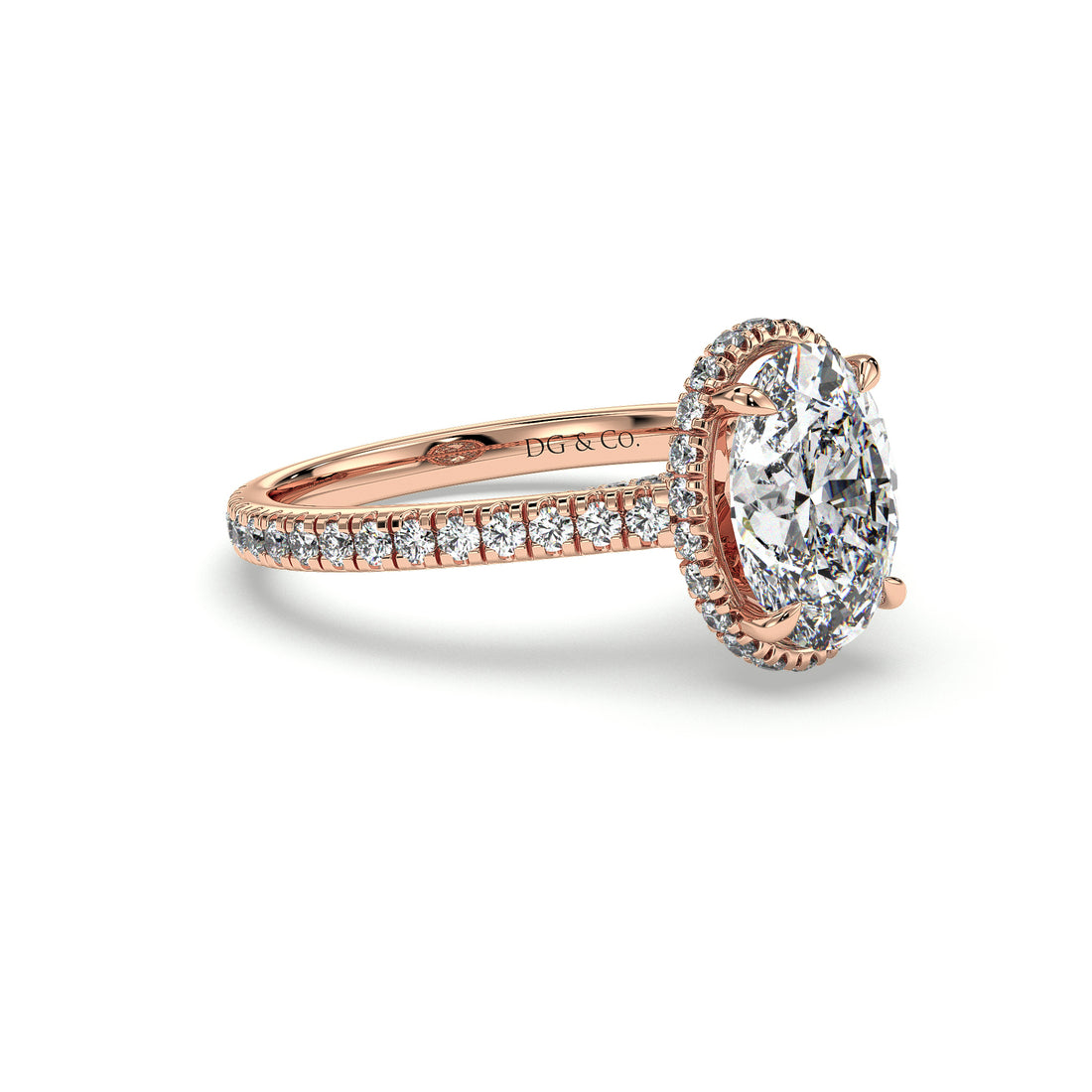 Ayla Cathedral Oval Cut Claw Setting Hidden Halo with a Pave setting on the band - 18K Rose