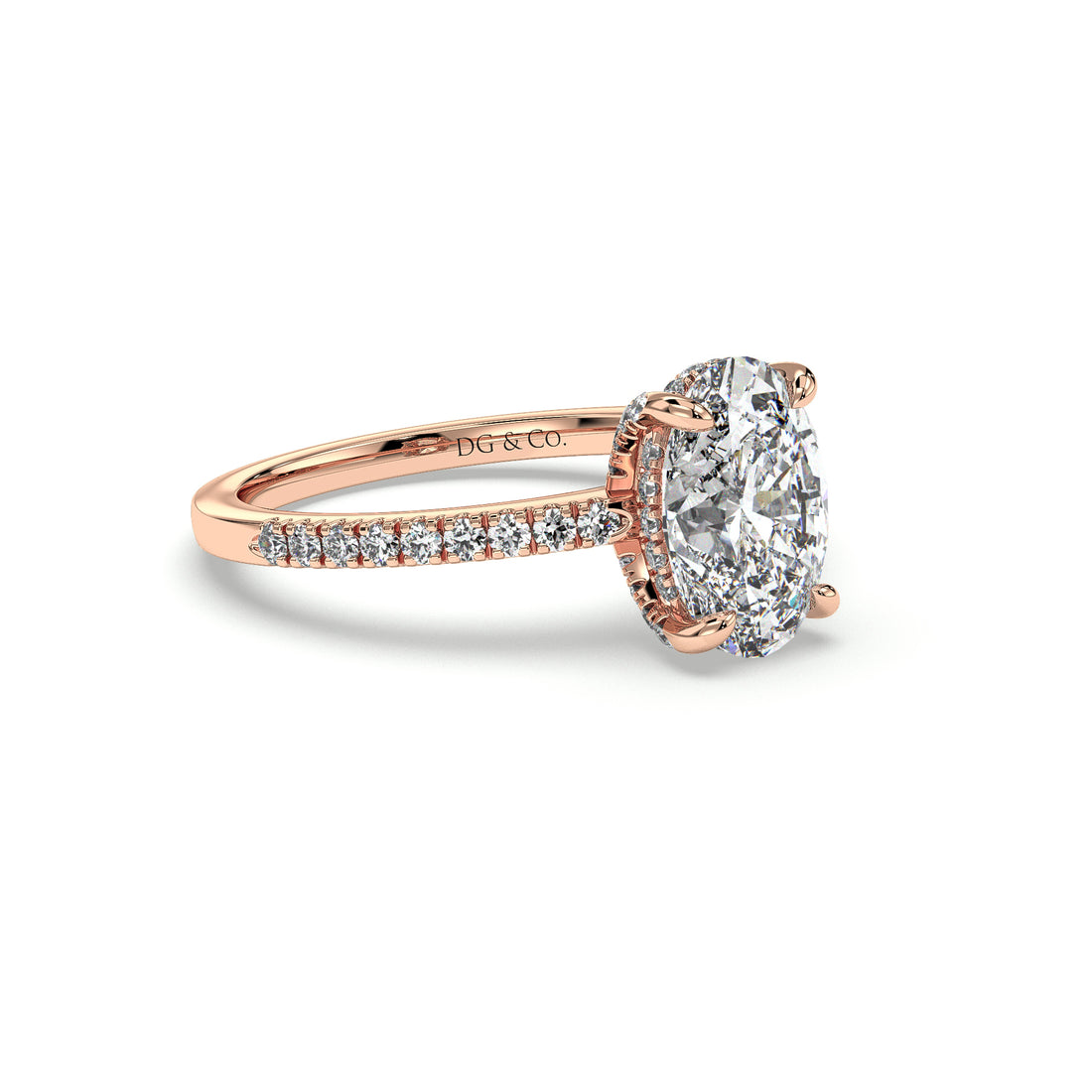 BEBE Oval Cut Hidden Halo Pave setting side stones Diamond Ring - 18K Rose
