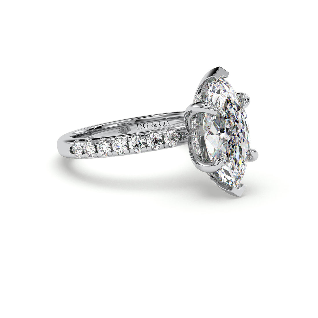 Yusra Marquise Cut Six Claw Hidden Halo Pave Setting Sidestones Diamond Ring - 18K White