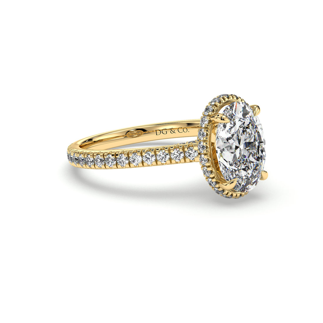 Ayla Cathedral Oval Cut Claw Setting Hidden Halo with a Pave setting on the band - 18K Yellow