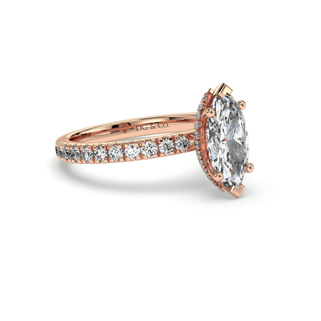 Cove Marquise Cut Hidden Halo Pave Setting Six Claw Diamond Ring - 18K Rose
