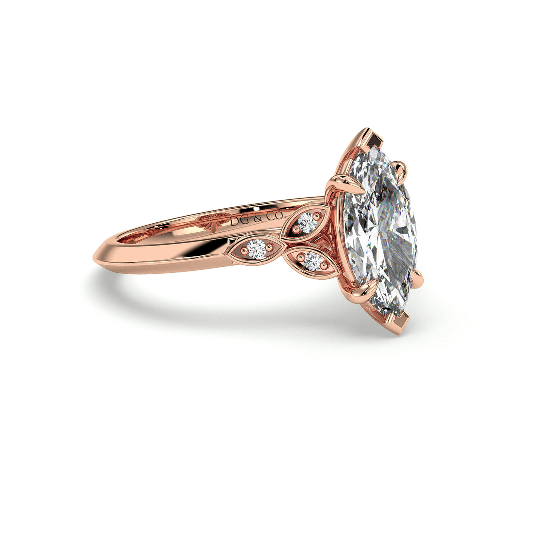 Clyde Three Stones Marquise Cut Cathedral Antquie Style Six Claw Setting Diamond Ring -18K Rose