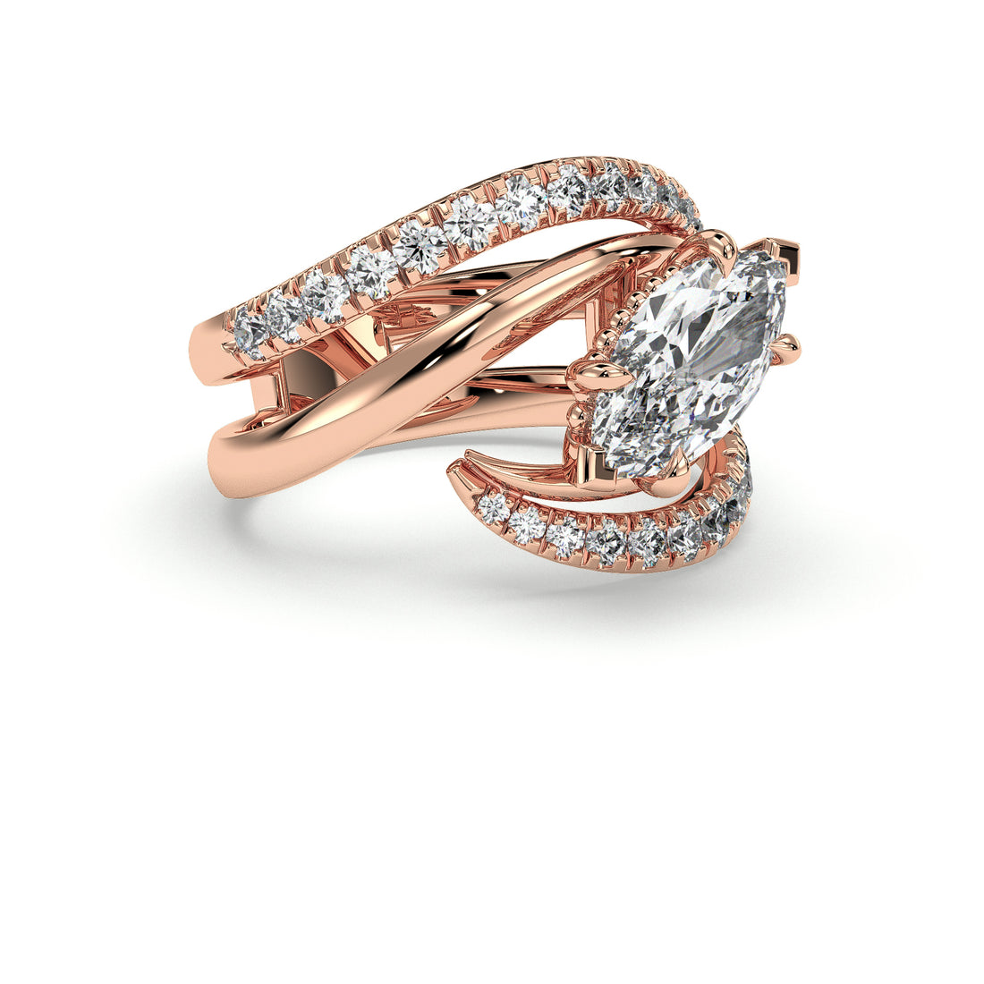 Wave Marquise Cut Double Split Curve Band Pave Setting DG & Co. Signature Ring - 18K Rose