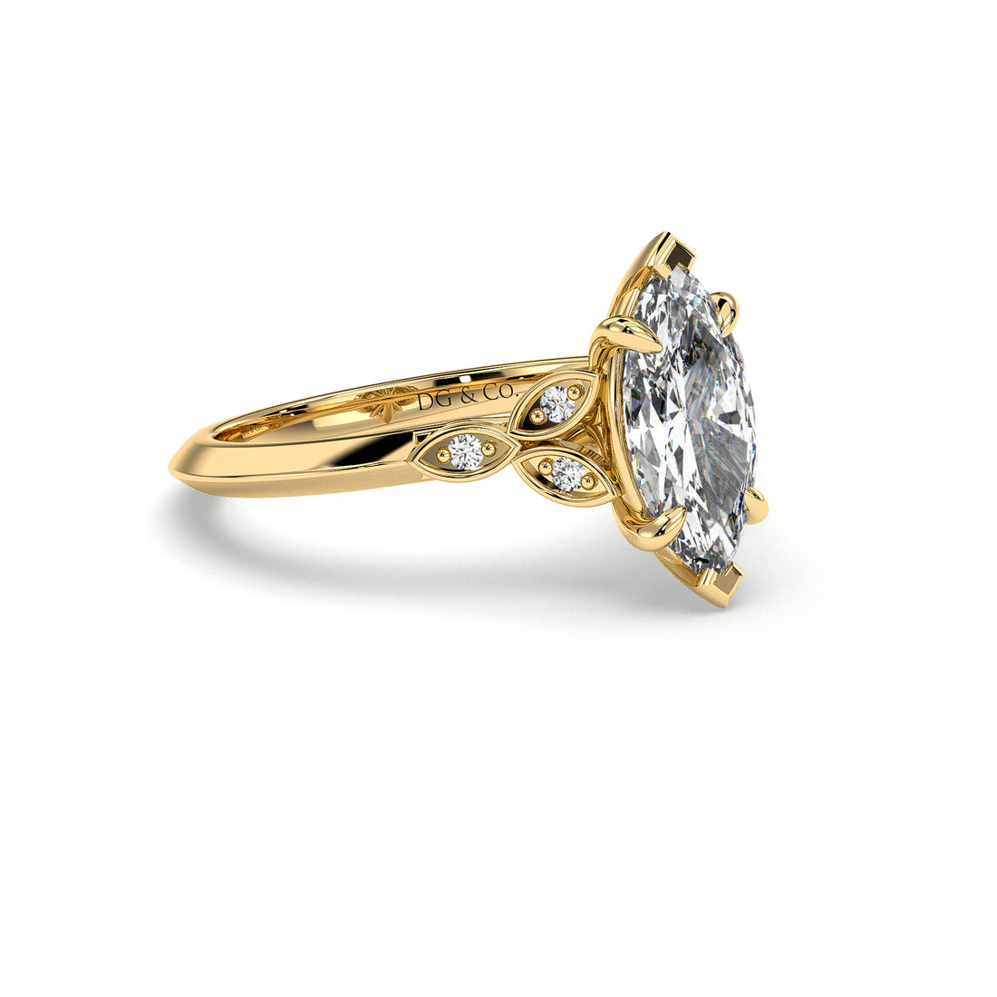 Clyde Three Stones Marquise Cut Cathedral Antquie Style Six Claw Setting Diamond Ring -18K Yellow