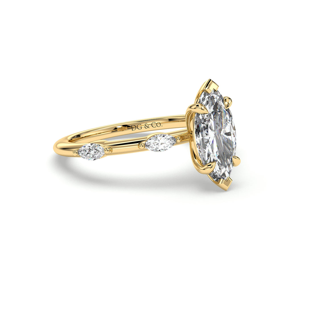 Meera Marquise Cut Side Stone Six Claw Setting Diamond Ring - 18K Yellow