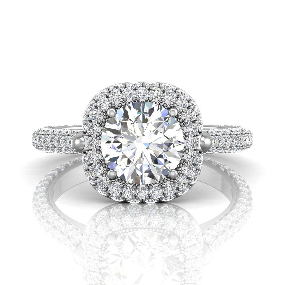 Round Cut Halo Diamond Engagement Ring Four Claw Pave Setting side stones -Platinum - DG & Co. Jewellery