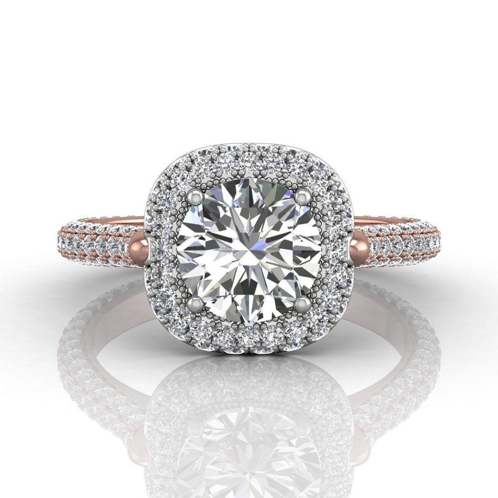 Round Cut Halo Diamond Engagement Ring Four Claw Pave Setting side stones -18K Rose - DG & Co. Jewellery