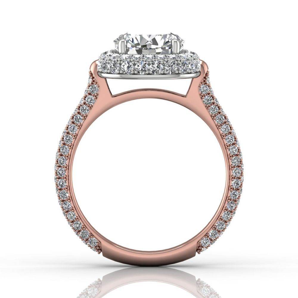 Round Cut Halo Diamond Engagement Ring Four Claw Pave Setting side stones -18K Rose - DG & Co. Jewellery