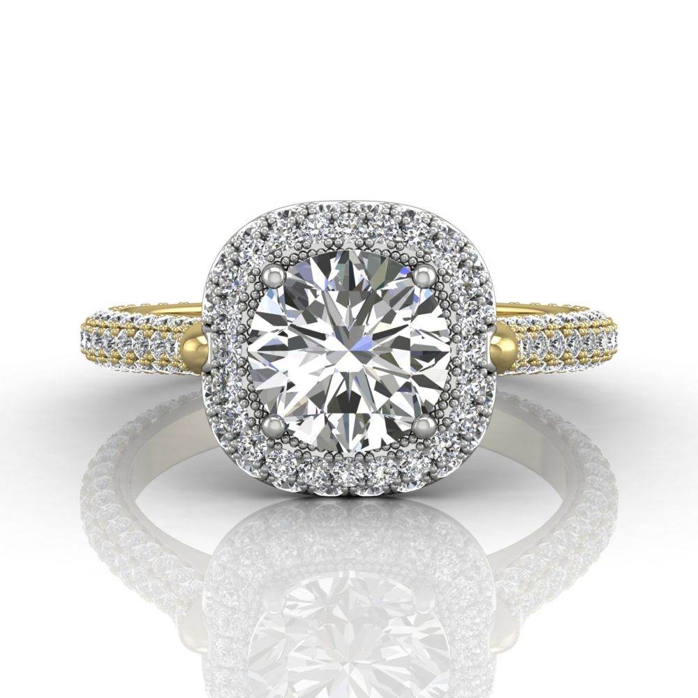Round Cut Halo Diamond Engagement Ring Four Claw Pave Setting side stones -18K Yellow - DG & Co. Jewellery