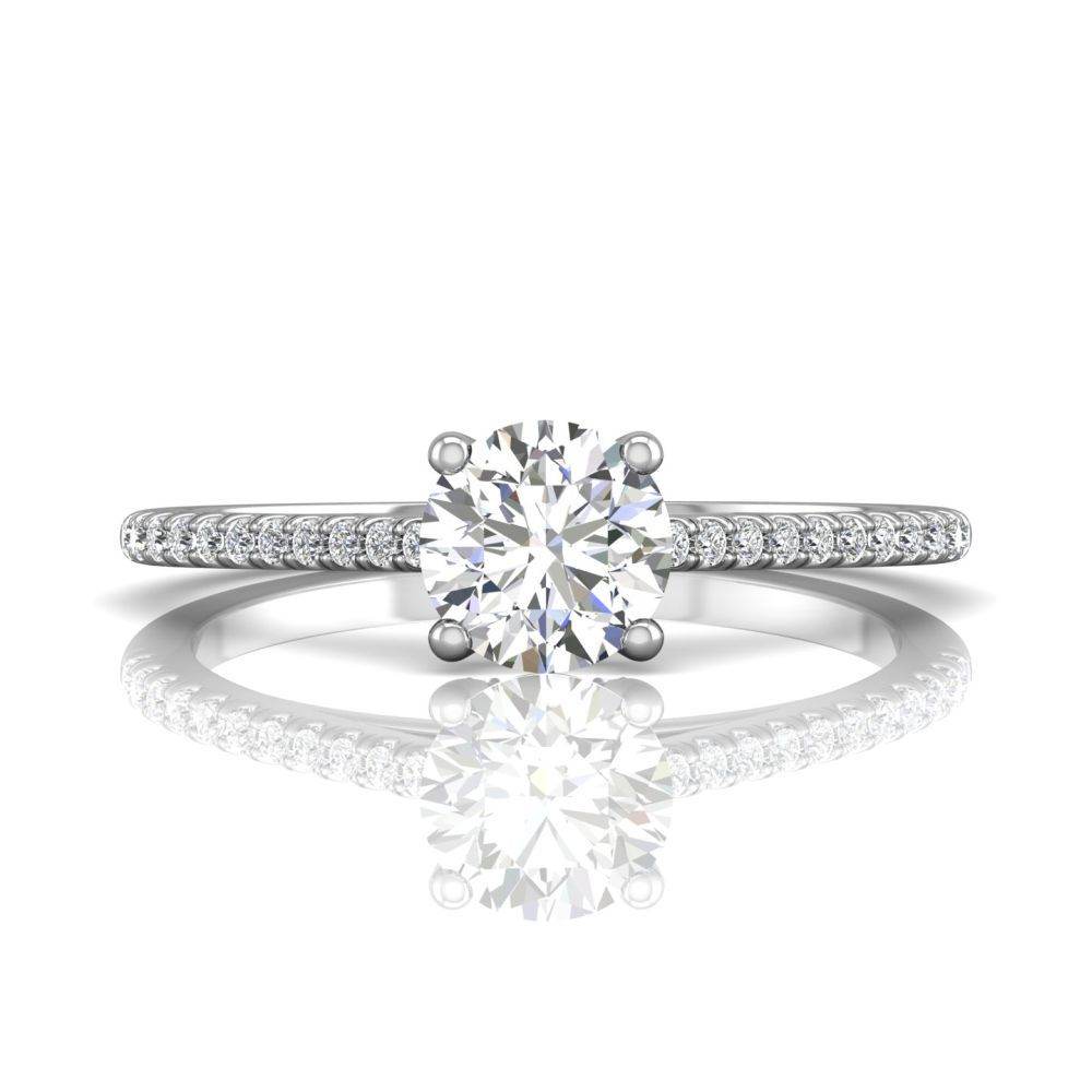 Round Cut Claw Set Hidden Halo Diamond Ring With Pave Set Side Stone - 18K White - DG & Co. Jewellery