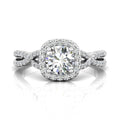Cushion Cut Halo Diamond Engagement Ring Four Claw Setting With a Twist Band Pave Setting - 18K White - DG & Co. Jewellery