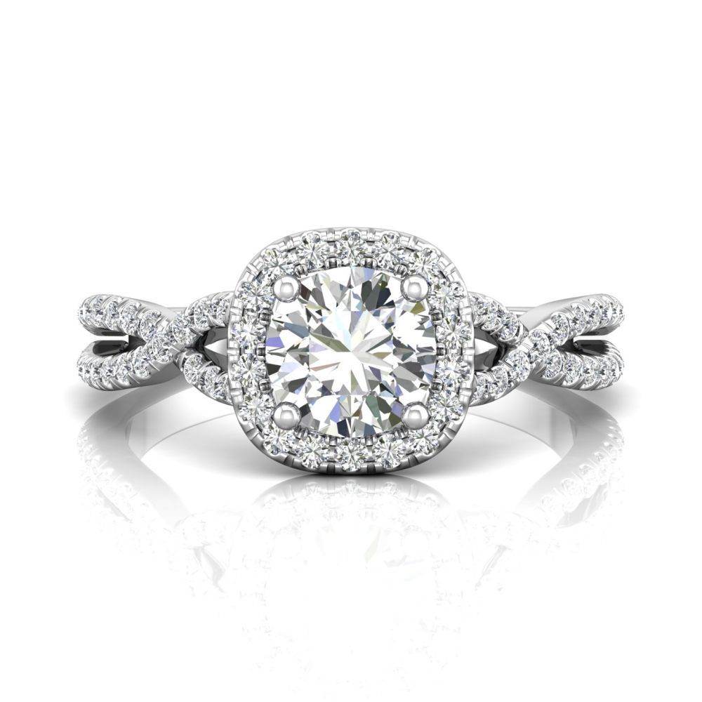 Cushion Cut Halo Diamond Engagement Ring Four Claw Setting With a Twist Band Pave Setting - 18K White - DG & Co. Jewellery