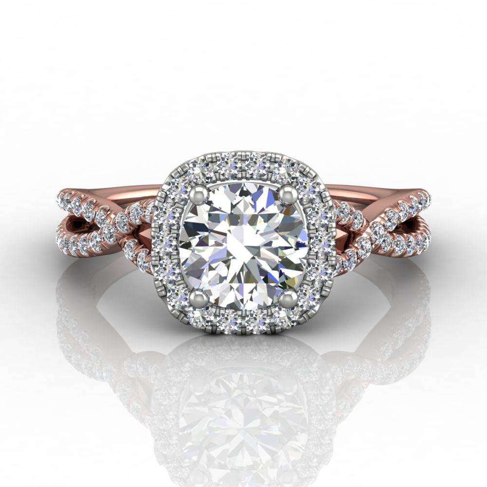 Cushion Cut Halo Diamond Engagement Ring Four Claw Setting With a Twist Band Pave Setting - 18K Rose - DG & Co. Jewellery