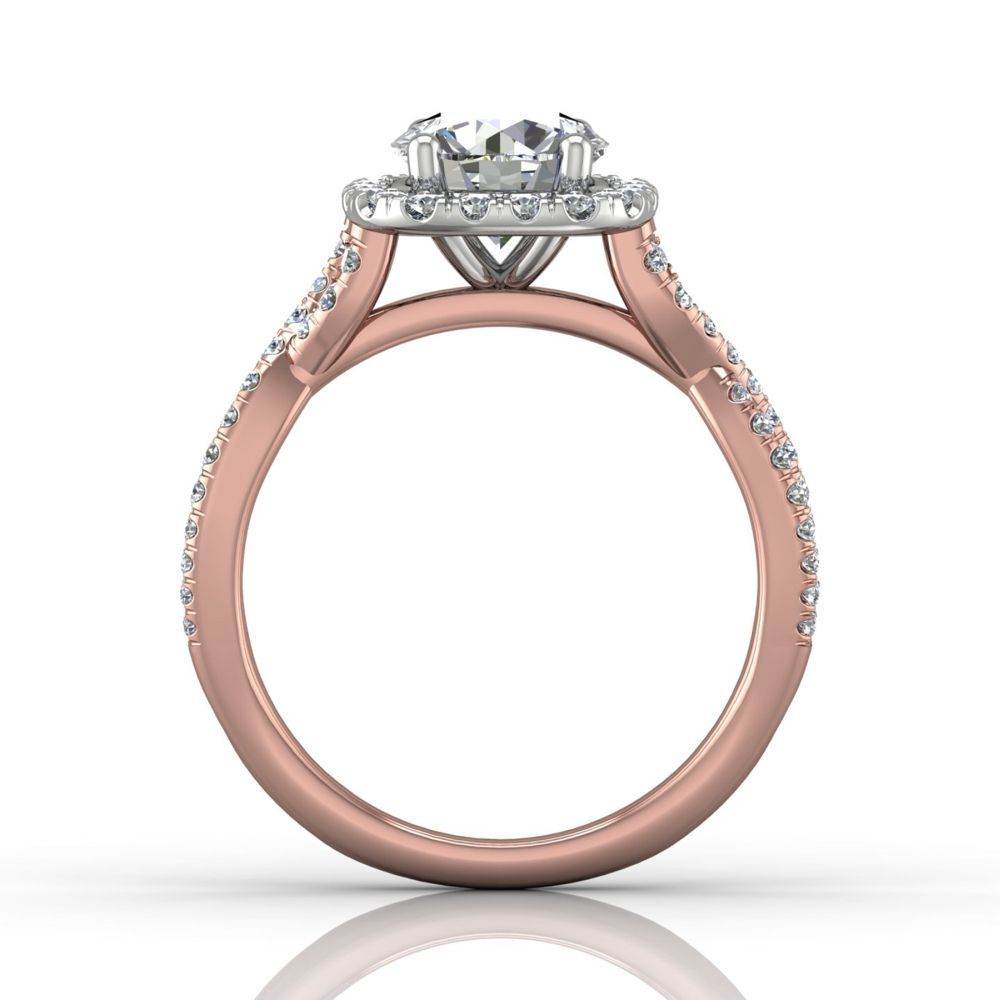 Cushion Cut Halo Diamond Engagement Ring Four Claw Setting With a Twist Band Pave Setting - 18K Rose - DG & Co. Jewellery