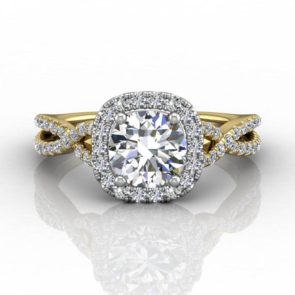 Cushion Cut Halo Diamond Engagement Ring Four Claw Setting With a Twist Band Pave Setting - 18K Yellow - DG & Co. Jewellery