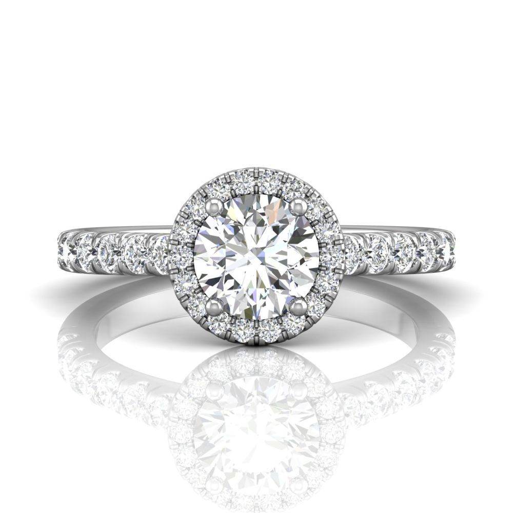 Round Cut 4 Claw Halo Diamond Engagement Ring with Pave Side Stones - 18K White - DG & Co. Jewellery