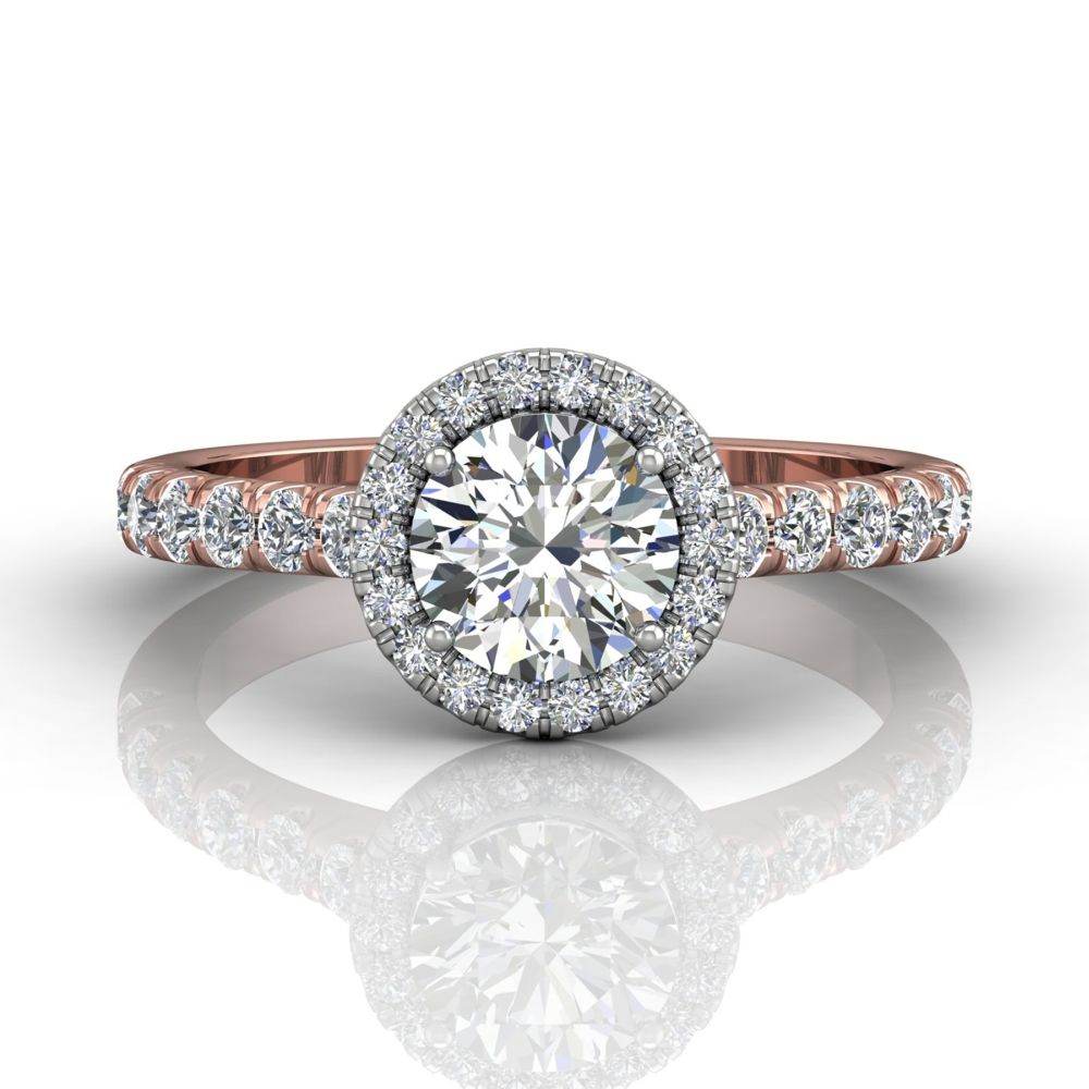 Round Cut 4 Claw Halo Diamond Engagement Ring with Pave Side Stones - 18K Rose - DG & Co. Jewellery