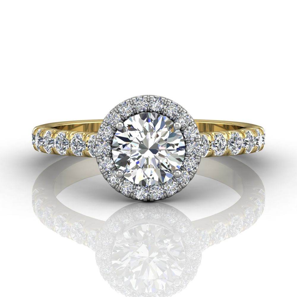 Round Cut 4 Claw Halo Diamond Engagement Ring with Pave Side Stones - 18K Yellow - DG & Co. Jewellery