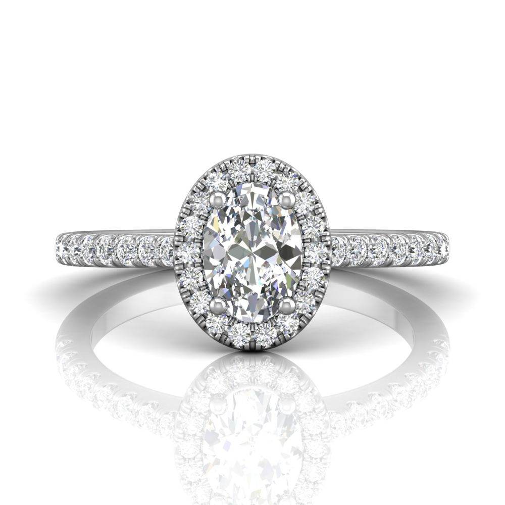 Oval Cut Halo Diamond Engagement Ring 4 Claw Centre Stone Pave Setting Side stone - 18k White Gold - DG & Co. Jewellery
