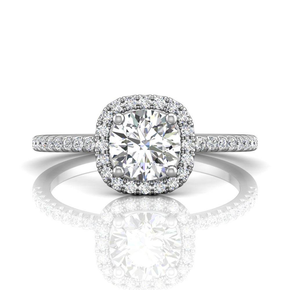 Cushion Cut Halo Diamond Engagement Ring Pave Setting Side Stones -18K White - DG & Co. Jewellery