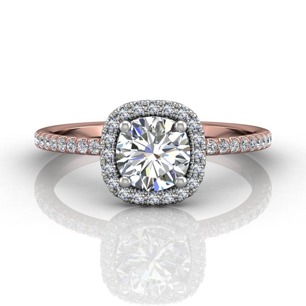 Cushion Cut Halo Diamond Engagement Ring Pave Setting Side Stones -18K Rose - DG & Co. Jewellery
