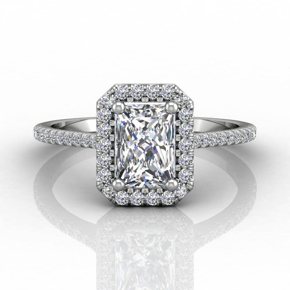 Radiant Cut Diamond Halo Engagement Ring with Pave Side Stones Setting - 18K White - DG & Co. Jewellery