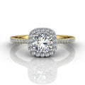 Cushion Cut Two Tone Halo Engagement Ring with Pave Side Stones - 18k Yellow and White Gold - DG & Co. Jewellery