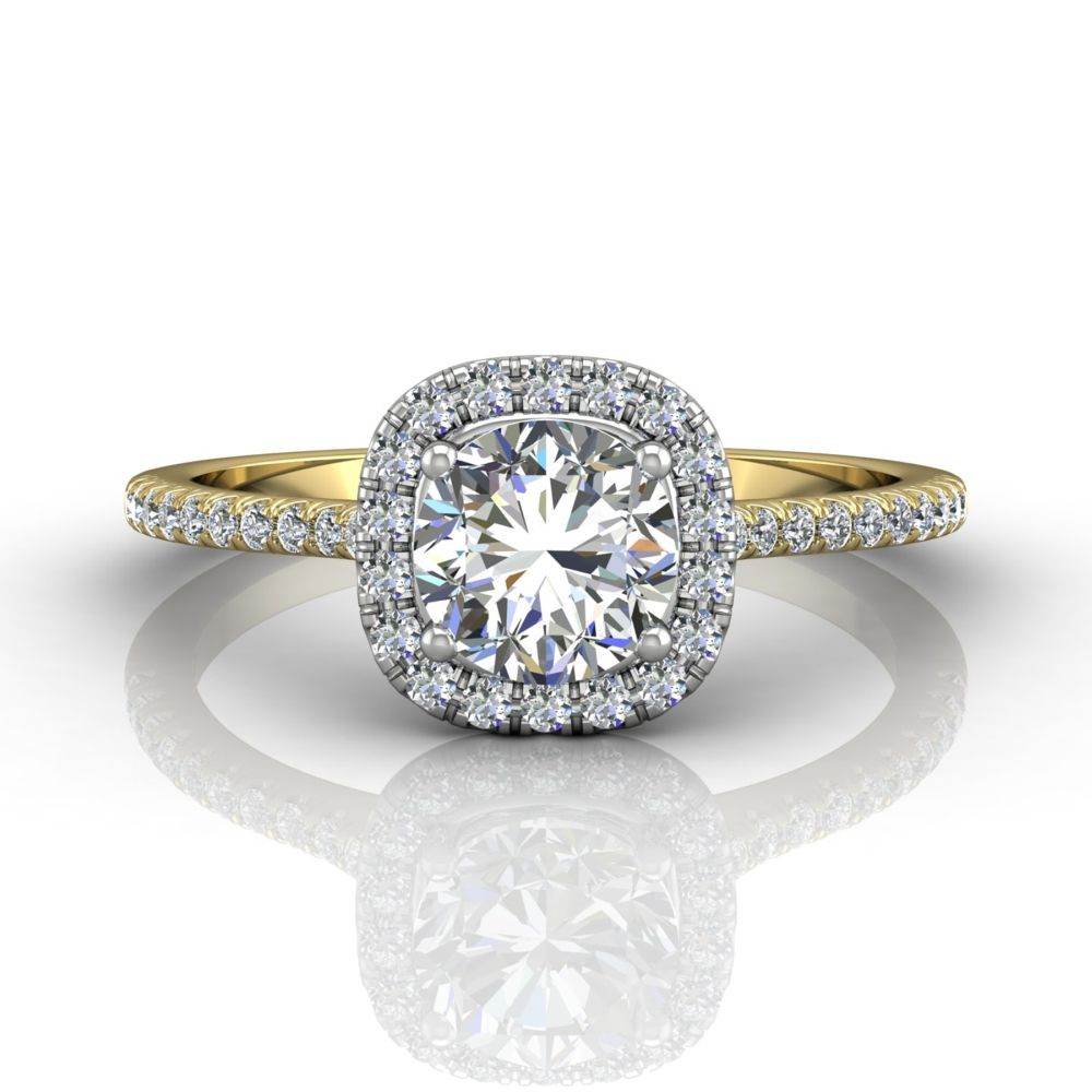 Cushion Cut Two Tone Halo Engagement Ring with Pave Side Stones - 18k Yellow and White Gold - DG & Co. Jewellery