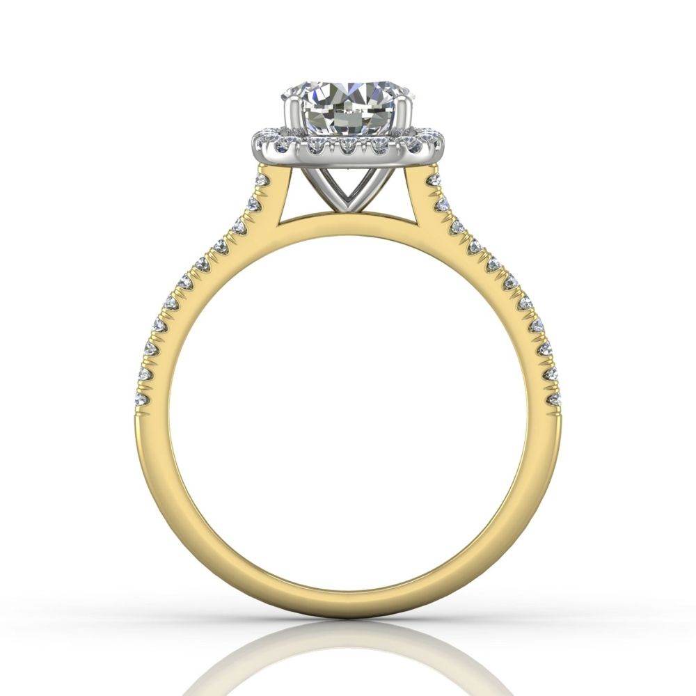 Cushion Cut Two Tone Halo Engagement Ring with Pave Side Stones - 18k Yellow and White Gold - DG & Co. Jewellery