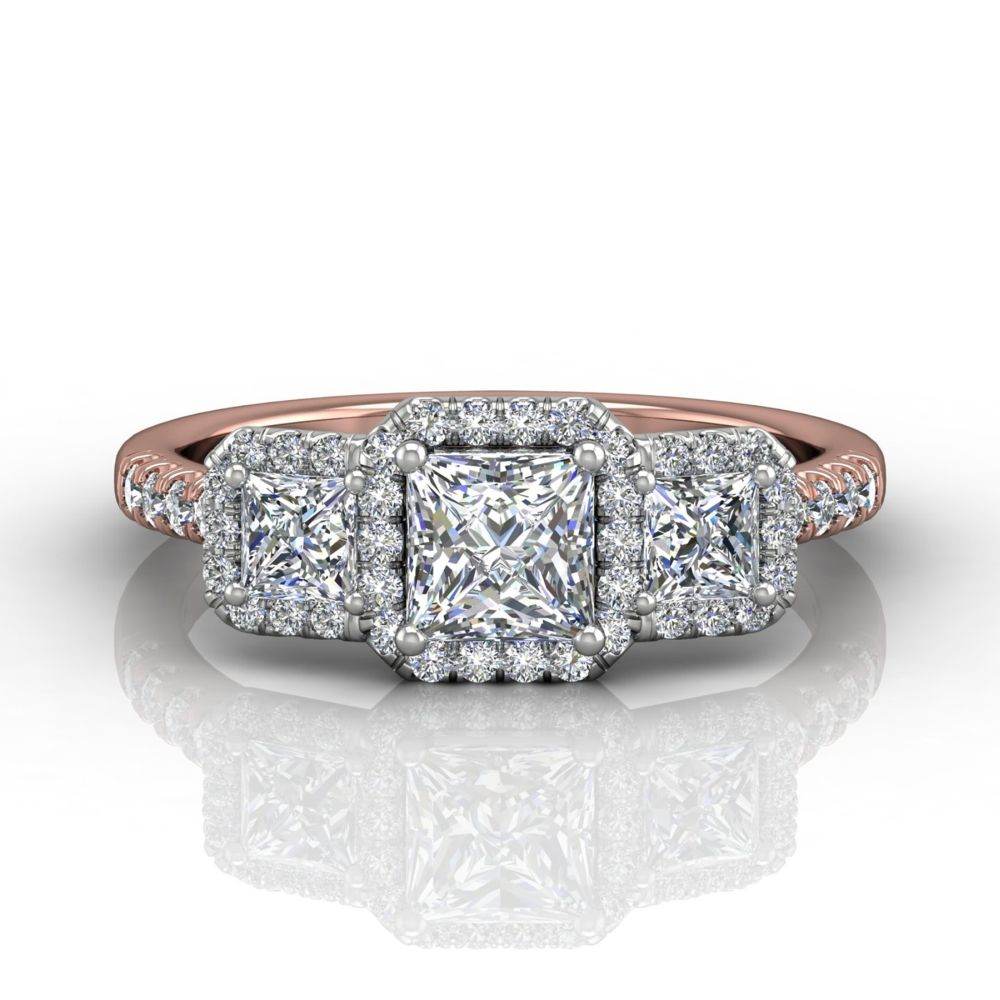 Princess Cut Two Tone Diamond Halo and Threestone Engagement Ring with Pave Side Stones in White and Rose Gold - DG & Co. Jewellery